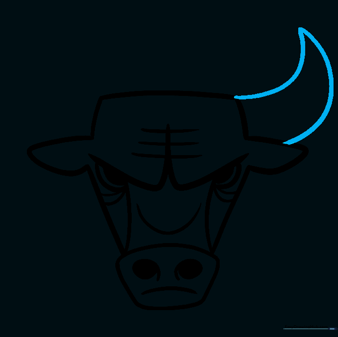 Drawing the first sharp, curved horn extending from the side of the bull's head.