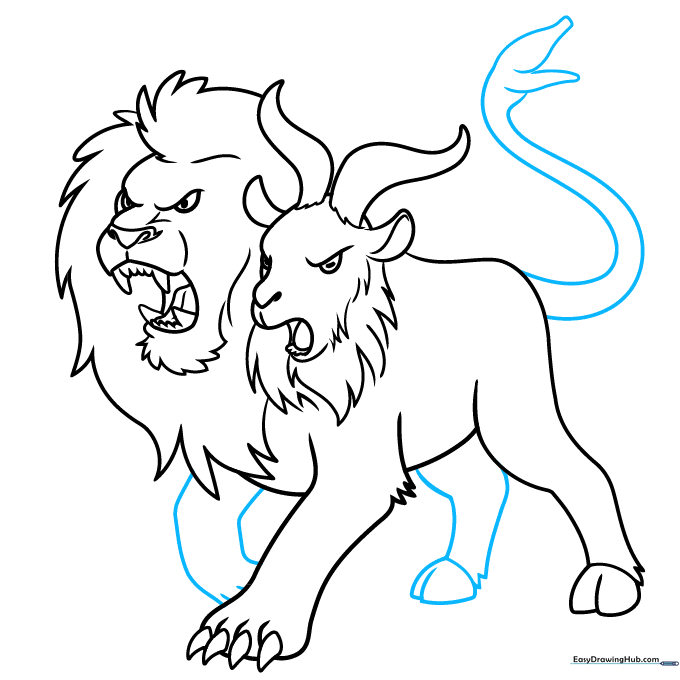 Adding the final leg and the long, snake-like tail to the Chimera.