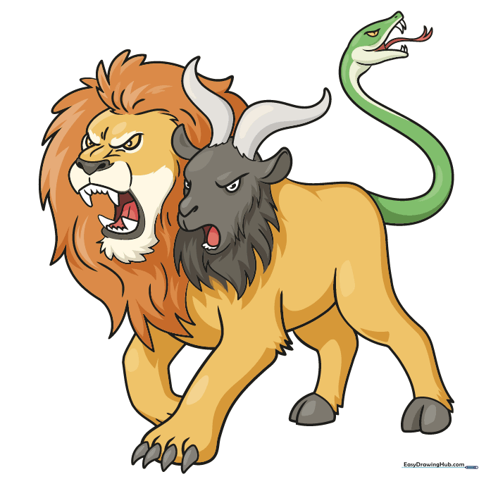 The fully colored Chimera drawing with vibrant lion, goat, and snake features.