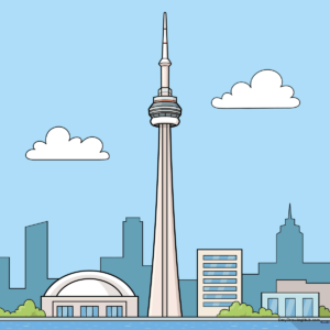A vibrant, finished illustration of the CN Tower standing tall in a city skyline.
