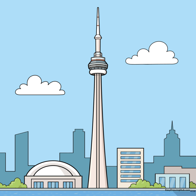 A vibrant, finished illustration of the CN Tower standing tall in a city skyline.