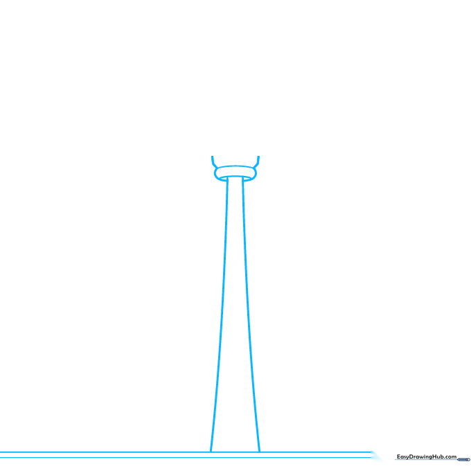Pencil sketch showing the base of the CN Tower with two long, slightly curved vertical lines.