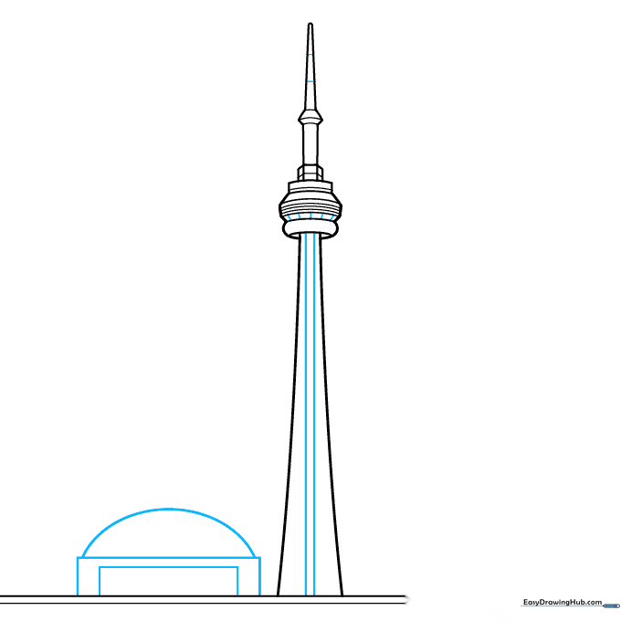 Sketching the Rogers Centre stadium next to the CN Tower base.