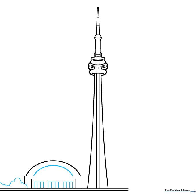 Adding doors to the stadium and drawing simple tree shapes at the base.