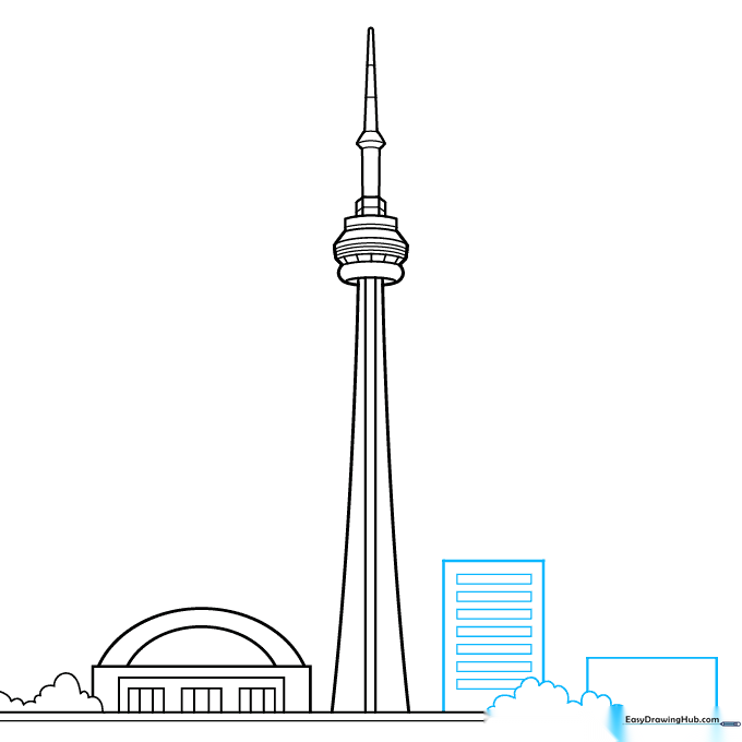 Drawing additional city buildings with windows to create a skyline effect.
