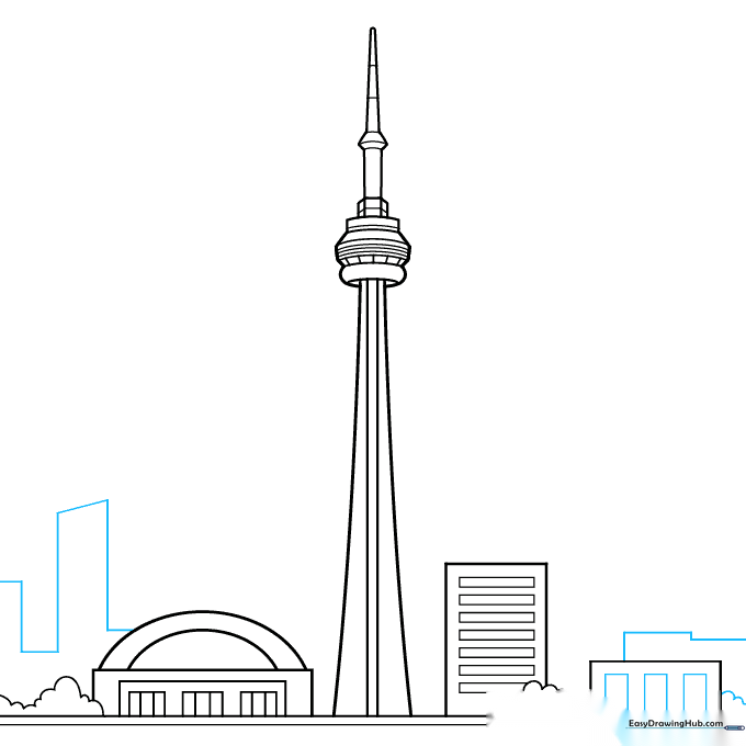 Adding more buildings and a distant skyline to the drawing.