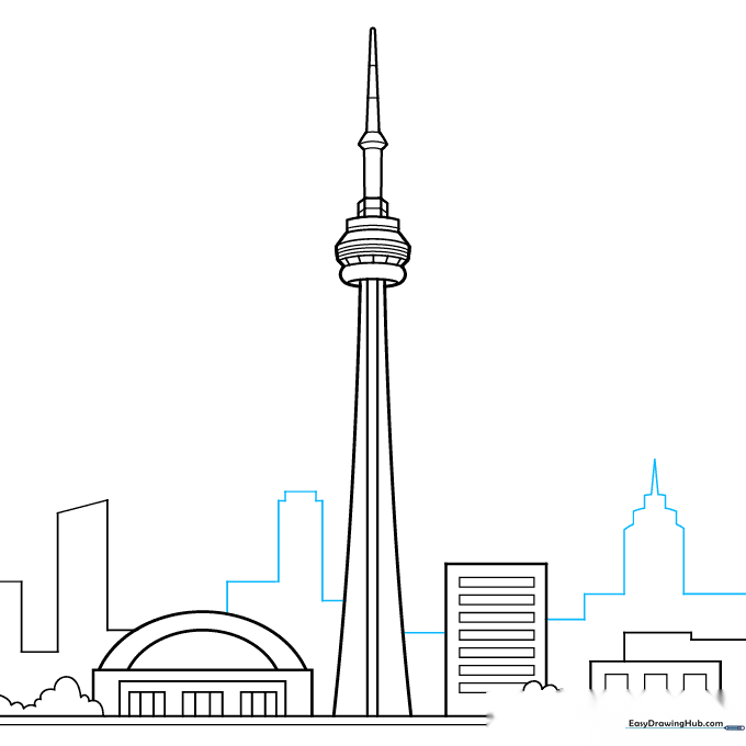 Refining the city skyline with additional geometric shapes.
