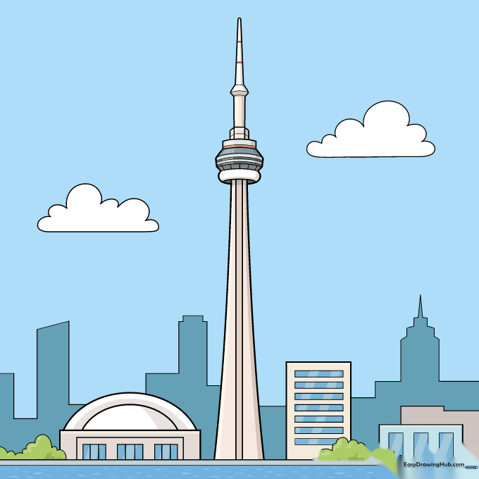 Finished, colored drawing of the CN Tower with a city skyline and clouds.