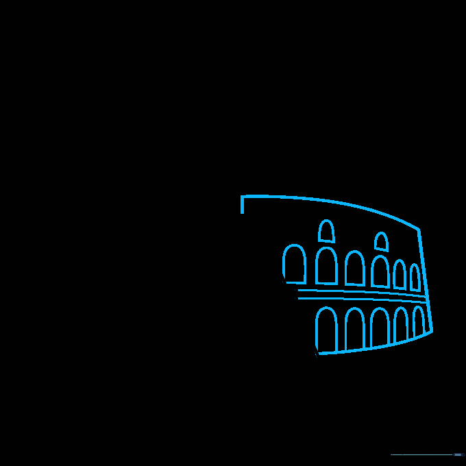 Drawing the main facade with multiple rows of arches.