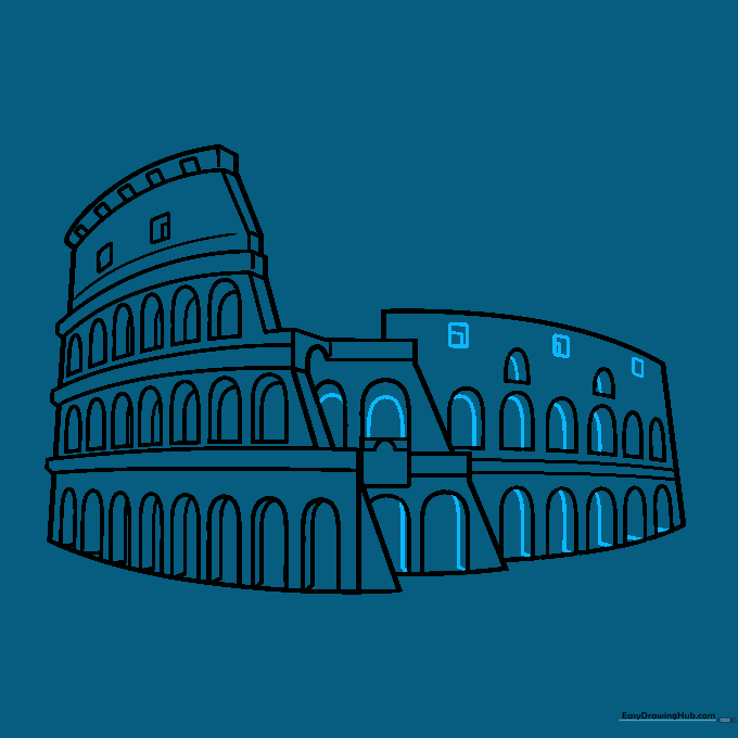 Adding final details like square windows and shadow lines for 3D effect.