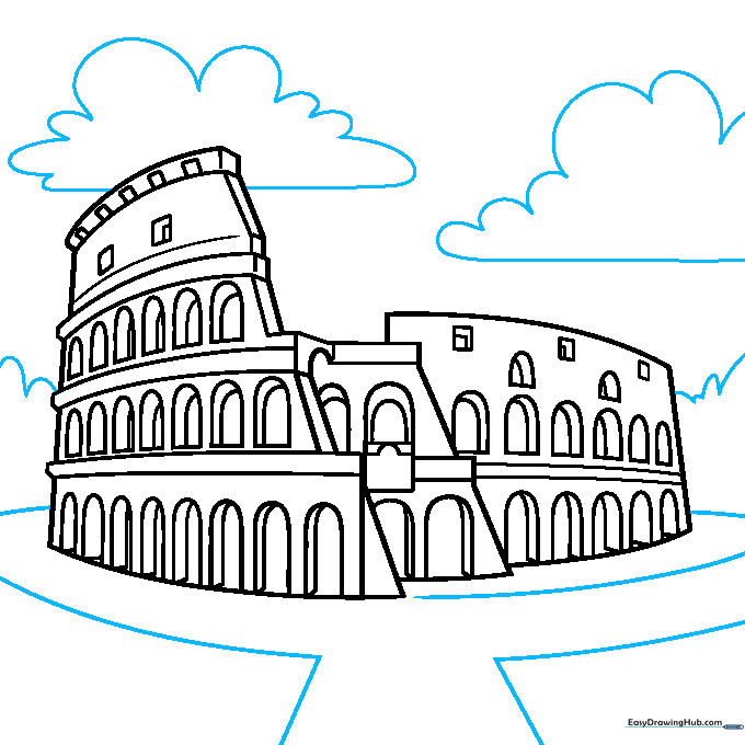 Completed line art of the Colosseum with surrounding landscape elements.