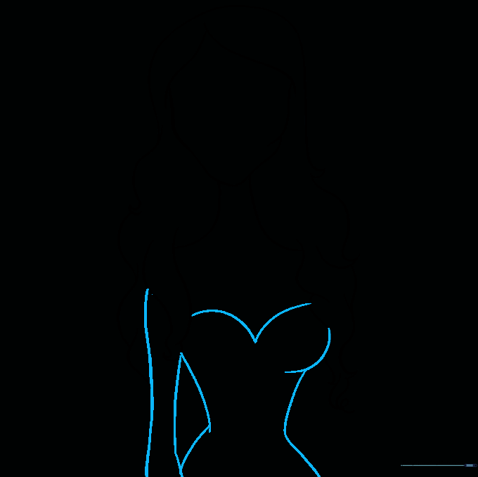 Drawing the dress neckline and the initial arm shape.