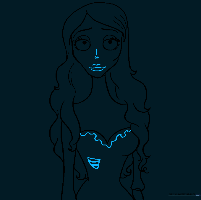 Adding final facial features and dress details including lace and tears.