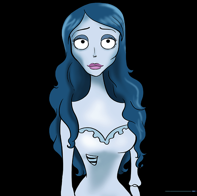 The final colored drawing of the Corpse Bride with blue and grey tones.