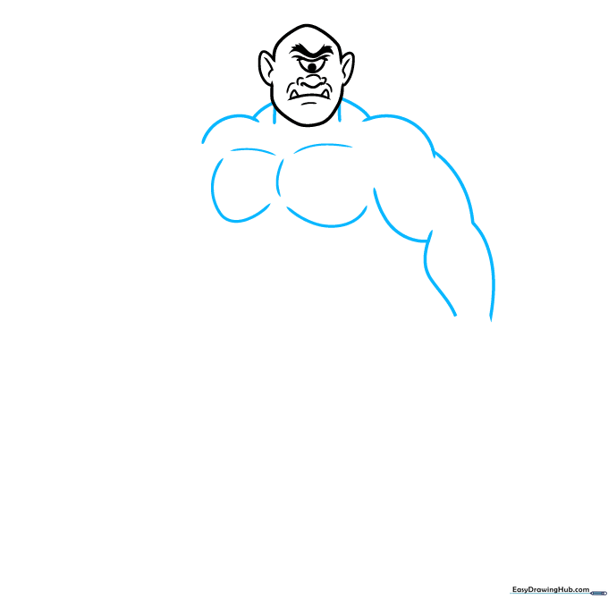 Adding broad shoulders and thick, muscular arms to the Cyclops character sketch.