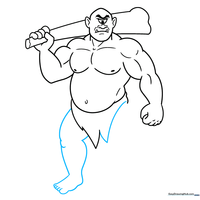 Sketching the first leg and foot of the Cyclops with simple curves and ovals.