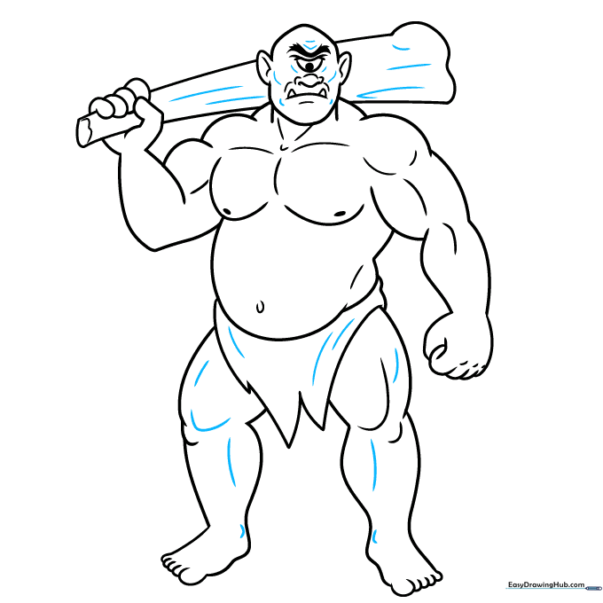Finalizing the Cyclops drawing with bold ink outlines and added texture lines.