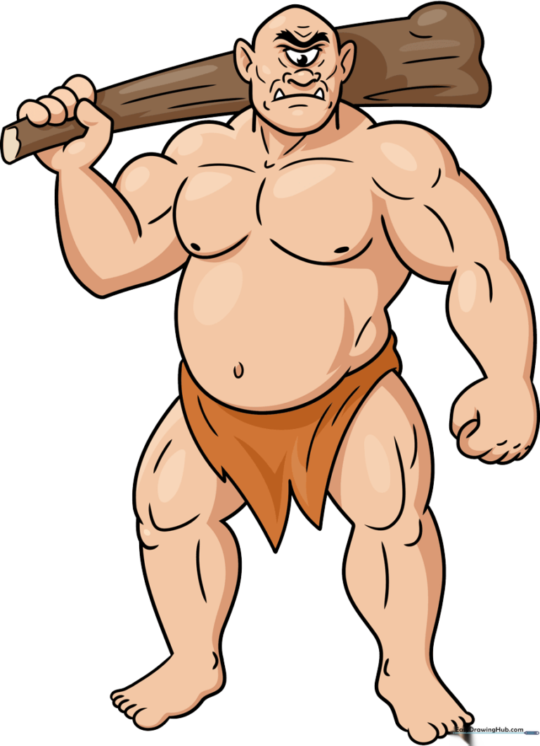 A completed, vibrant illustration of a Cyclops holding a wooden club, ready for coloring.