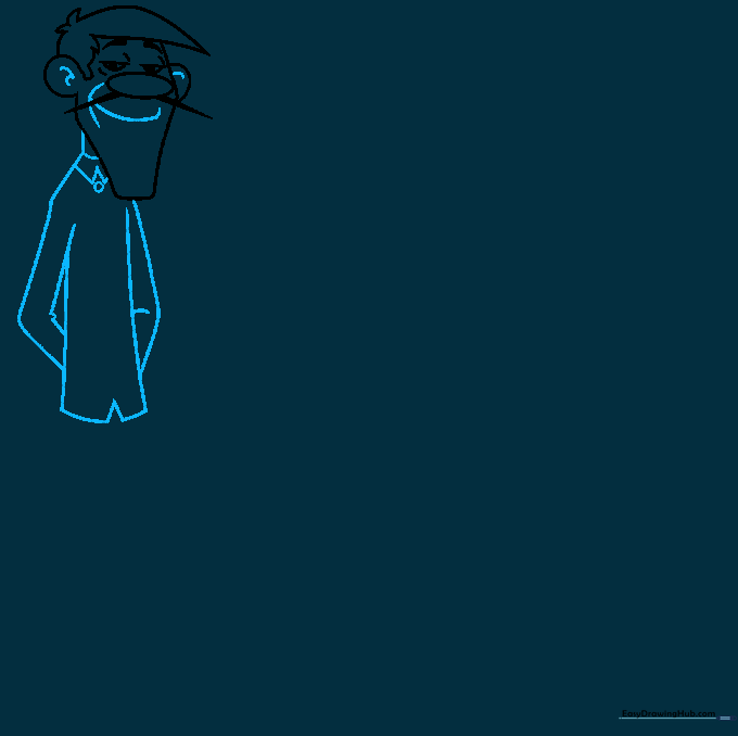 Drawing the neck, collar, and button details on Averell Dalton.