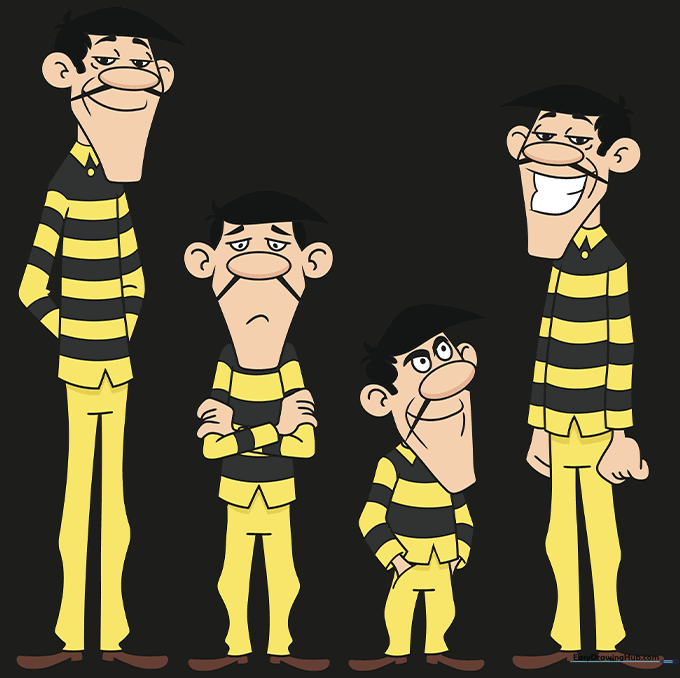 The completed, colored drawing of the four Dalton brothers.