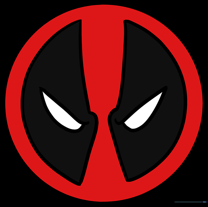 The fully colored Deadpool logo with a red background, black eye patches, and white eyes.