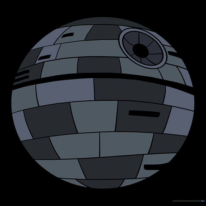 The finished Death Star drawing, fully colored in shades of grey with added shading.