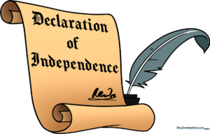 A finished, colored illustration of the Declaration of Independence with a quill pen, presented as a historical document.