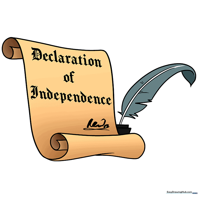 The final colored drawing of the Declaration of Independence with a quill and inkwell.