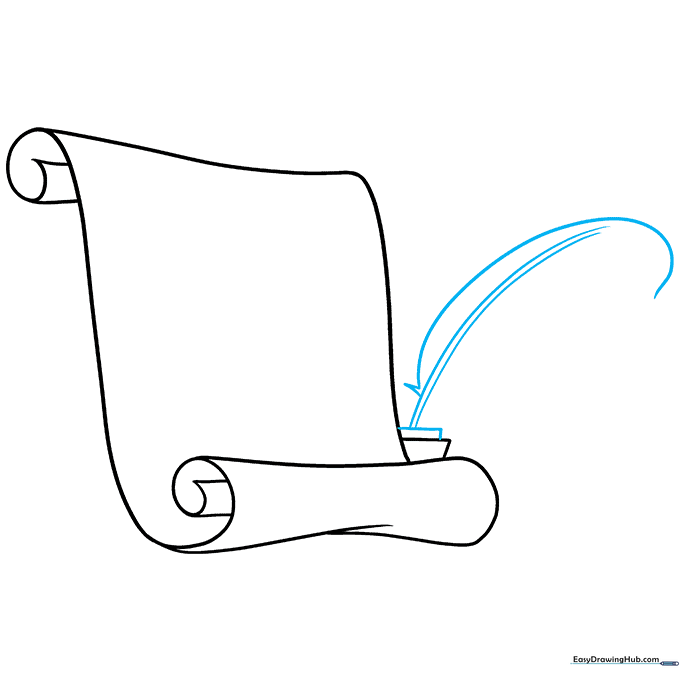 Drawing a quill pen sticking out of the inkwell with a detailed feather shaft.