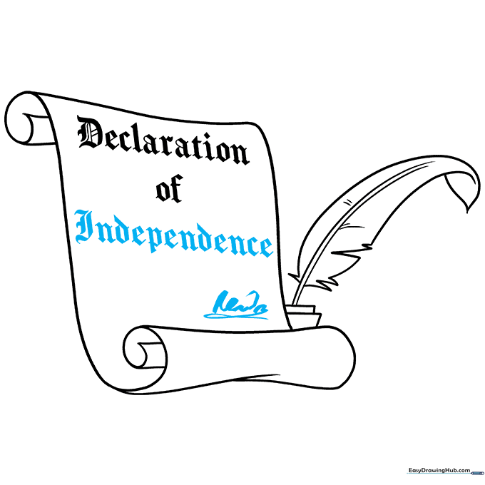 Completing the drawing by adding the word 'Independence' and a signature at the bottom.