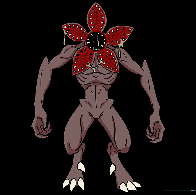 The finished, colored Demogorgon drawing with dark, moody tones.
