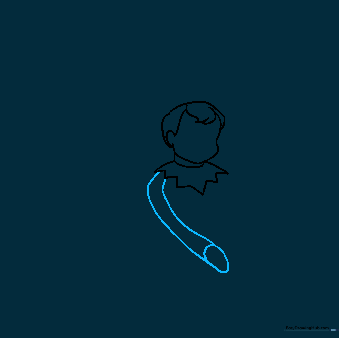 Sketching the first arm extending from the collar with a rounded hand at the end.