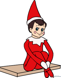 A festive, finished illustration of an Elf on the Shelf sitting on a shelf.