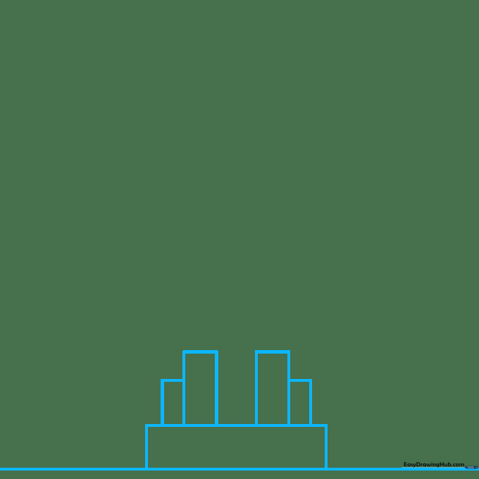 Pencil sketch showing a horizontal ground line with a central rectangle base and four stacked vertical rectangles.