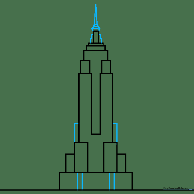 Detailed drawing of the building's spire using geometric shapes like hexagons and triangles.