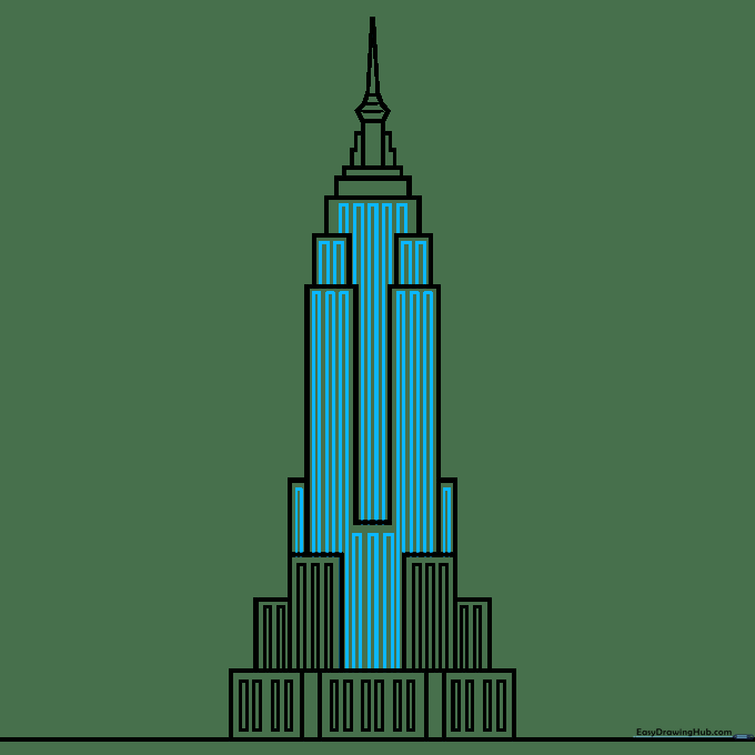 Continuing the vertical rectangular pattern across the entire front facade of the skyscraper.