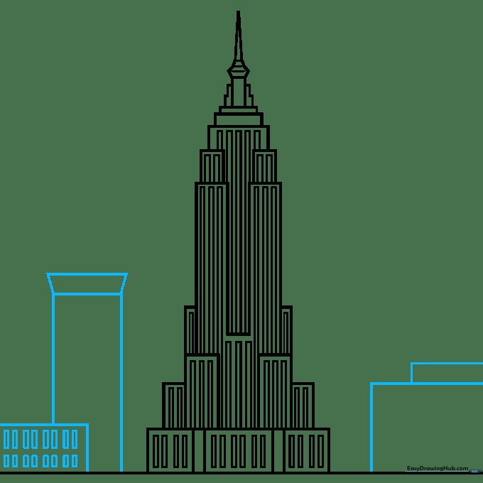 Adding surrounding buildings of varying heights to create a realistic city skyline context.
