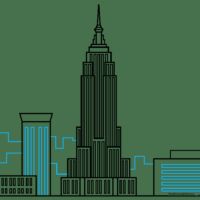 Sketching distant, simplified building shapes in the background to add depth to the city scene.