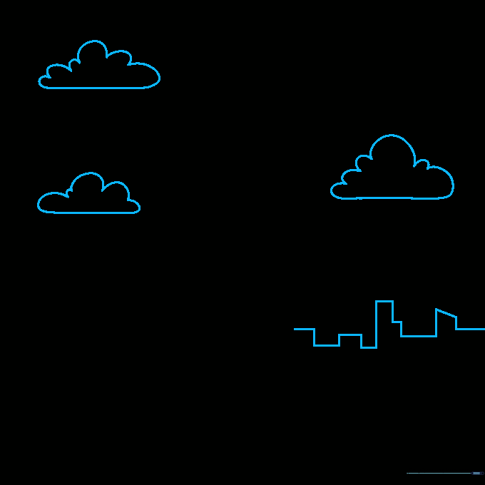 Final line drawing of the city skyline with added clouds in the sky.