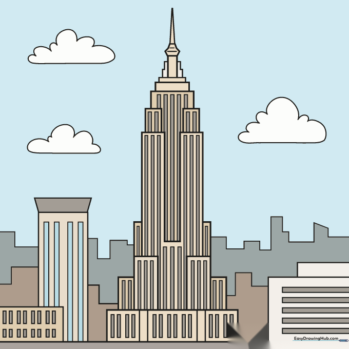 Finished colored drawing of the Empire State Building with tan facade and blue sky.