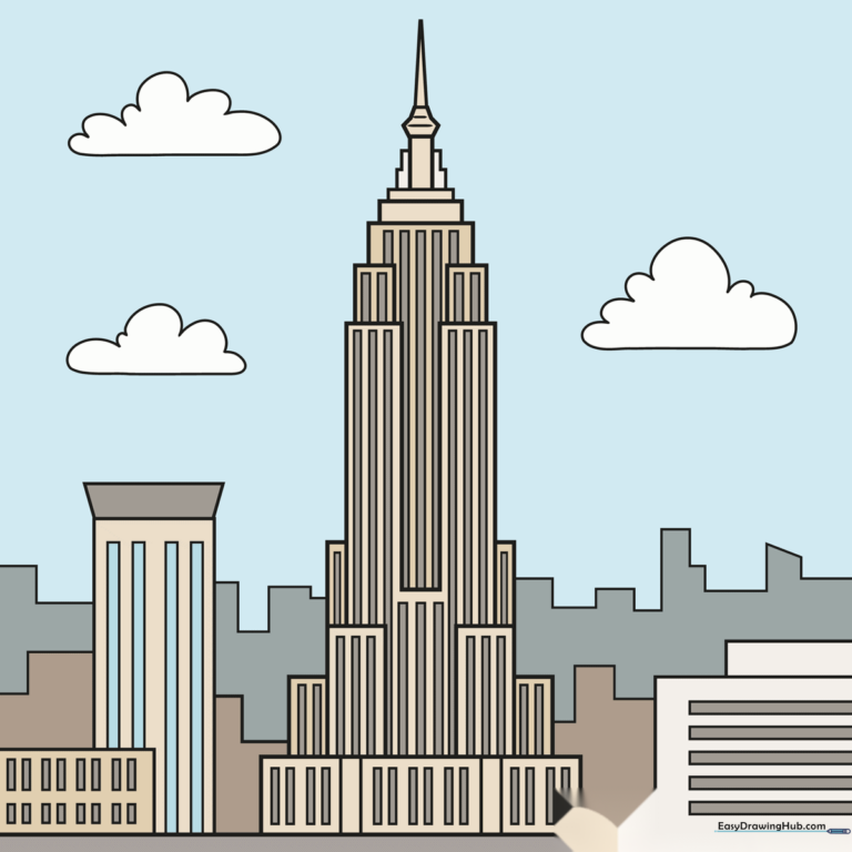 A vibrant, finished illustration of the Empire State Building standing tall in a city skyline.