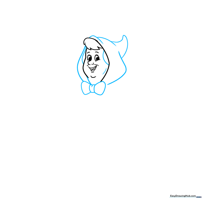 Detailing the Fairy Godmother's hood and adding a bow at the neck with overlapping curved lines.