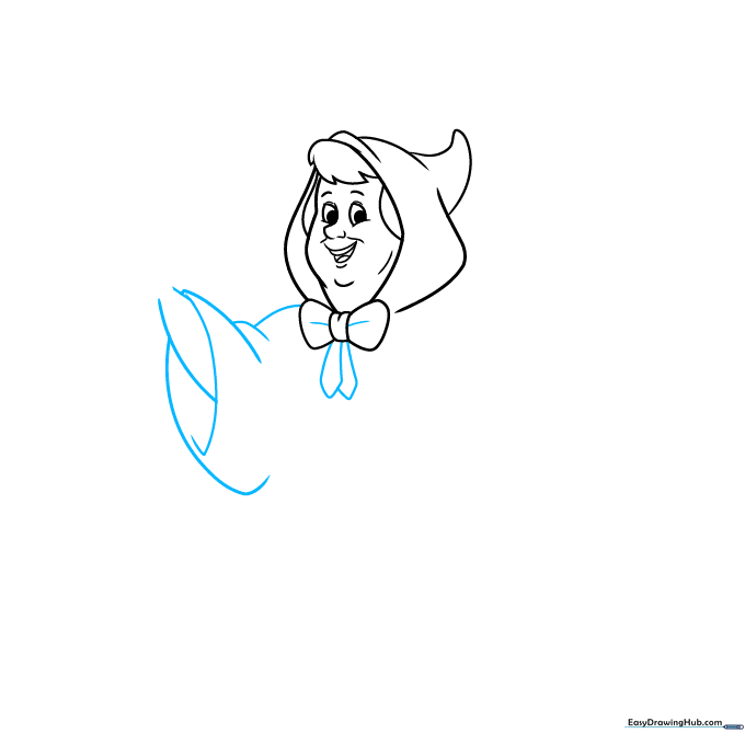Adding detail to the bow and sketching the wide, flowing sleeves of the Fairy Godmother's cloak.