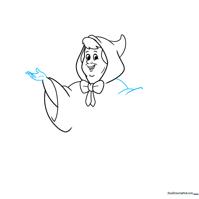 Step-by-step drawing of the Fairy Godmother's hand with fingers curled in an upward gesture.