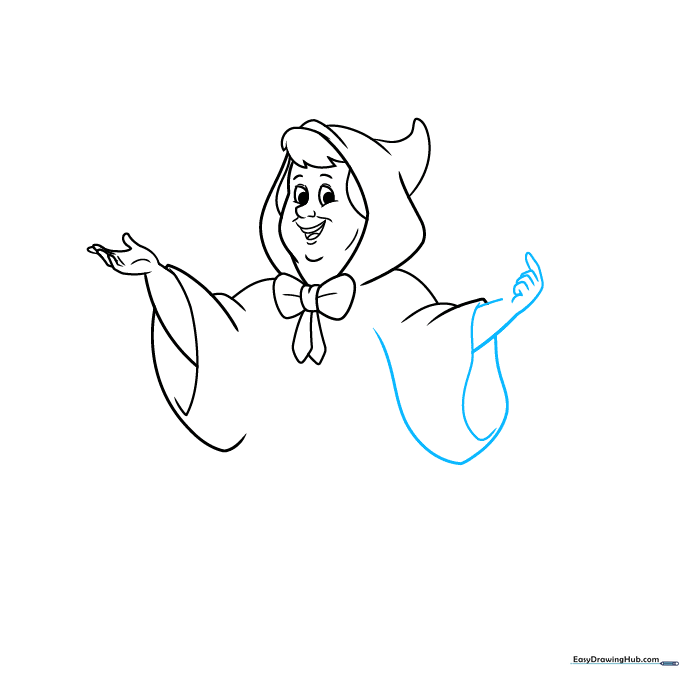 Refining the arms and sleeves of the Fairy Godmother with long, continuous curved lines.