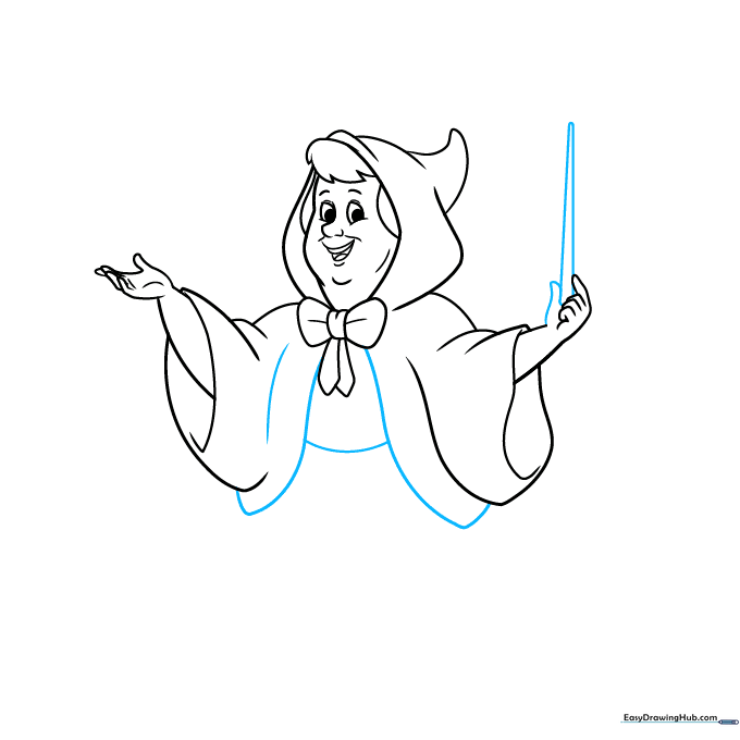 Drawing the magic wand in the Fairy Godmother's hand and connecting the cloak sections.
