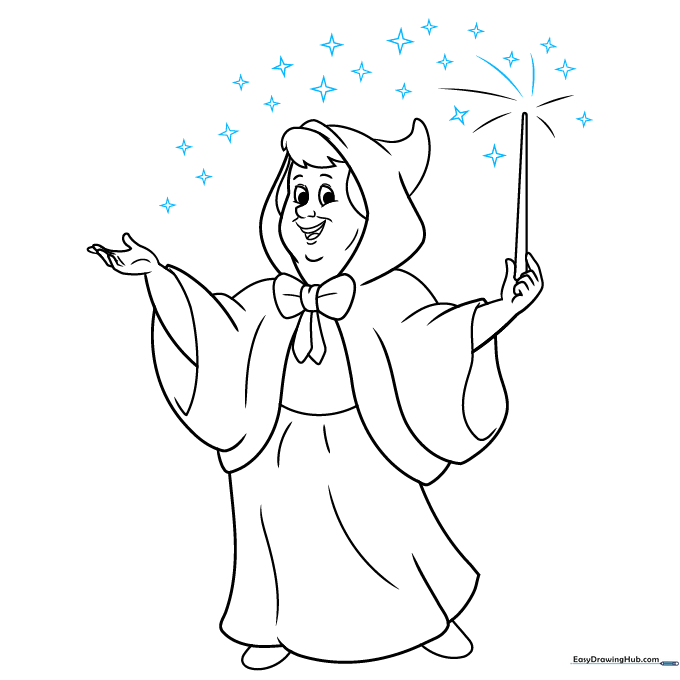 Finalizing the drawing by adding small four-pointed stars around the Fairy Godmother's head and wand.