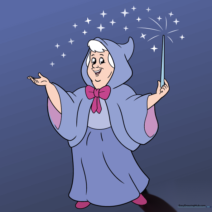 The completed, colored Fairy Godmother illustration featuring a blue cloak, pink bow, and white hair.