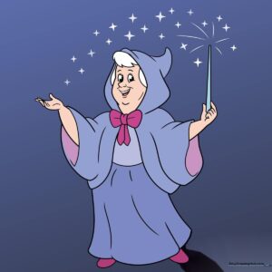 A vibrant, completed drawing of the Fairy Godmother holding a magic wand, ready for coloring.