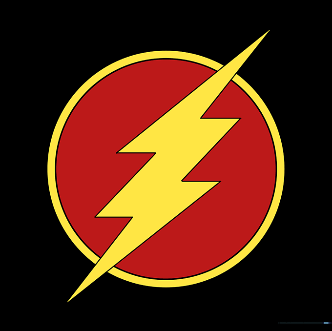The finished Flash logo colored in traditional red and yellow, showing the final vibrant result.